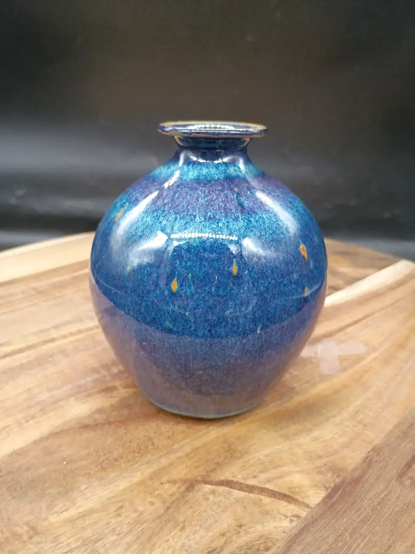 North Carolina Southern Folk Art Pottery Vase Blue Purple Glaze Signed Lori Cole.