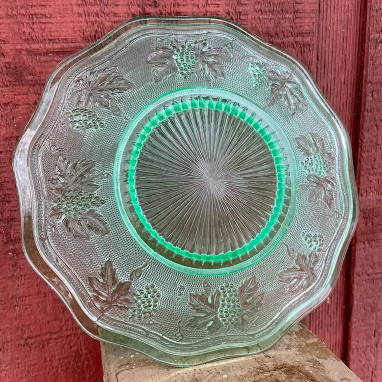 Set Of Four, Uranium Glass Plates, Woolworth By Westmoreland. Grapes And Leaves Motif. 8.5”w.