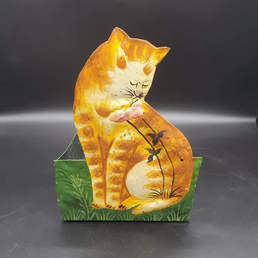 Hand Painted Ginger Cat Metal Catchall Planter