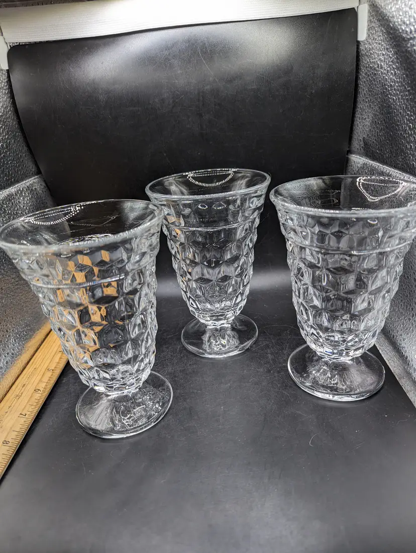 Vintage Set of 3 Fostoria American Iced Tea Glasses 5 3/4" Footed Cubist Tumbler Flared