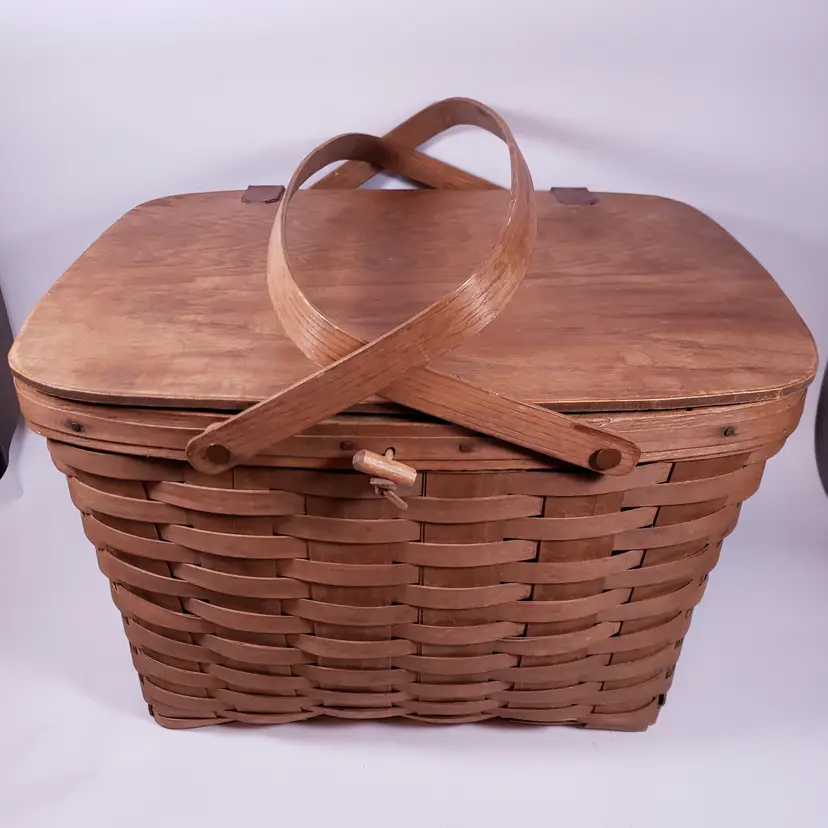 Vintage LONGABERGER Handwoven Picnic Basket with Lid Signed LJS 1984