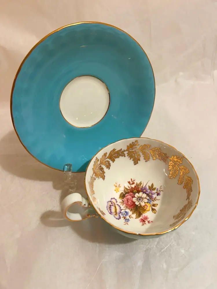 Aynsley Vintage Teacup & Saucer Robin Egg Blue Gilt Wild Flowers Wide Mouth