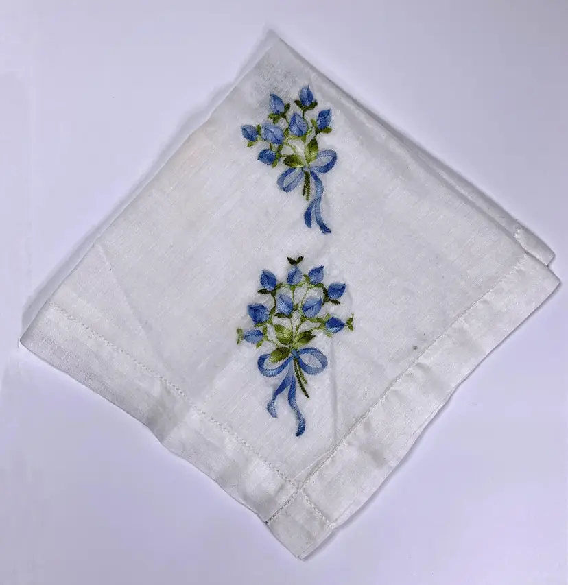 Embroidered Rosebud Bridesmaid Wedding Handkerchief Something Blue Cottage Core Granny Vintage