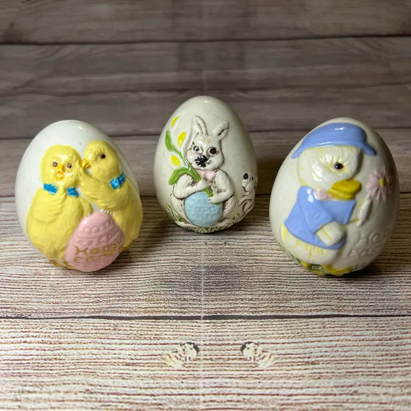 VTG Set 3 Ceramic Easter Eggs Handpainted Rabbit Duck Chicks Embossed 1970s 3.5β