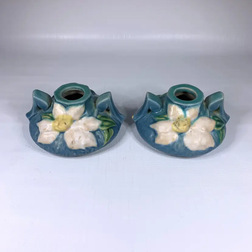 Roseville Pottery Clematis Candle Holders Vintage Set 2 Mid Century Floral READ