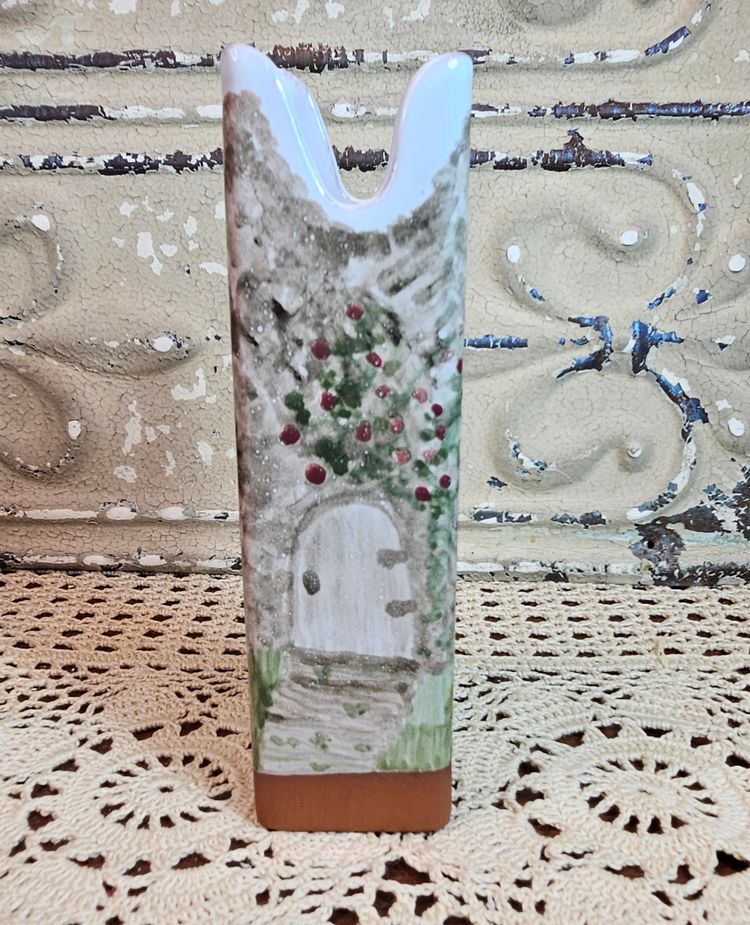 Vintage Village Pottery Kerry Ireland Ruffled Flower Vase Hand Painted Cottage