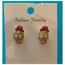 Colorful Rhinestone Skull Earrings with Rose Detail, Fashion Jewelry, Pre-Owned