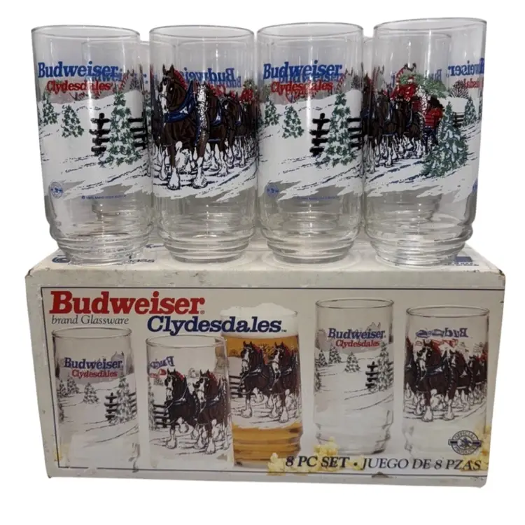 Vintage Anheuser-Busch Inc. Budweiser Clydesdales Christmas Glassware (8) 16oz Coolers New