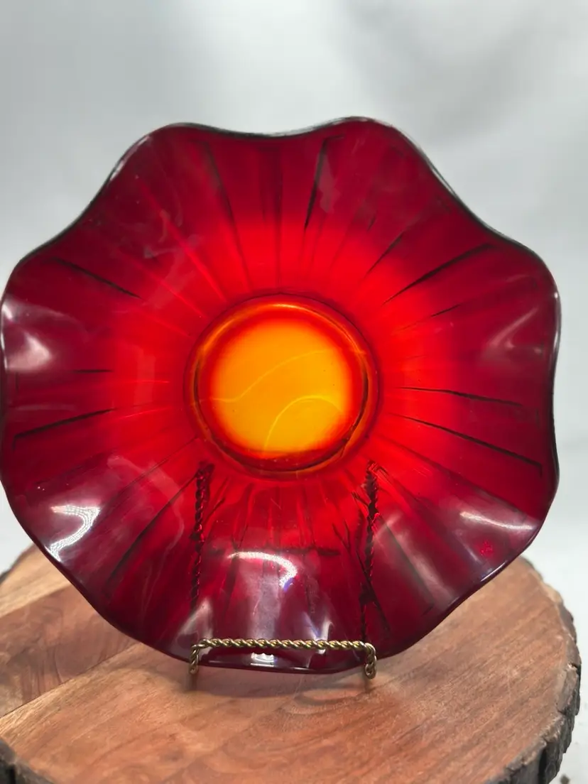 Amberina Red Orange Glass Plate Ruffle Rim Large Serving Dish UV Glow