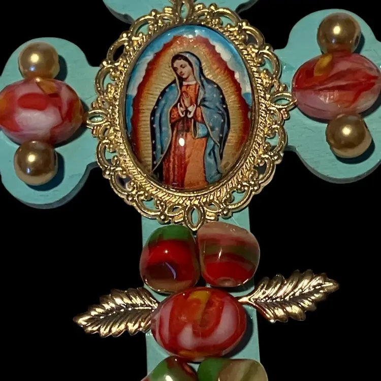 Handmade Our Lady Of Guadalupe 4” Cross Ornament Or Wall Hanging