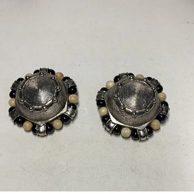 Silvertone & Beaded Earrings 1” Heavy