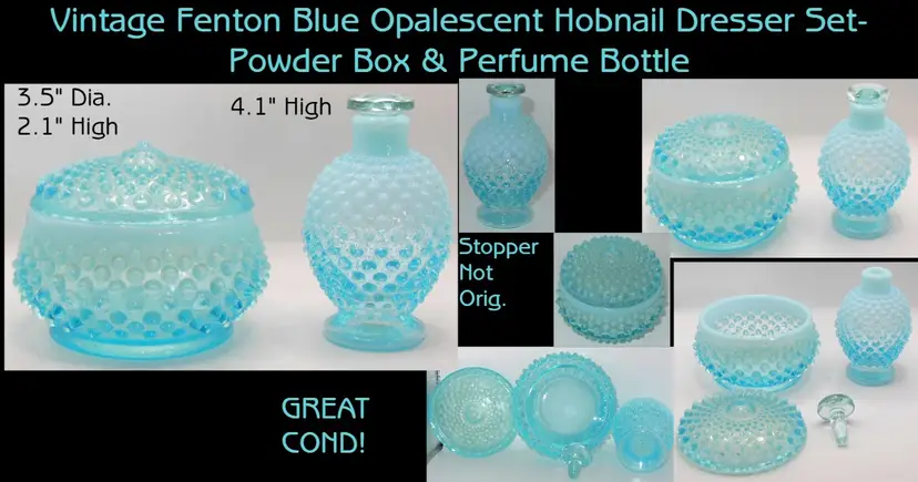 Vintage Fenton Blue Opal Hobnail Round Dresser Powder Jar & Perfume Bottle