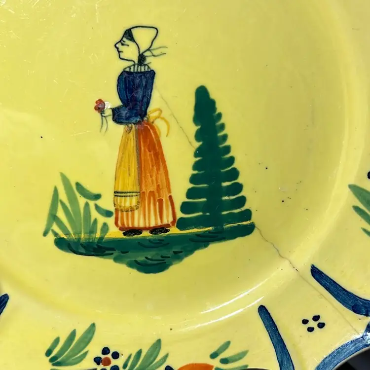 Unique Vintage French Signed Hand-painted Quimper faience plate with a woman and floral motifs. Great For Gallery Wall Plate!