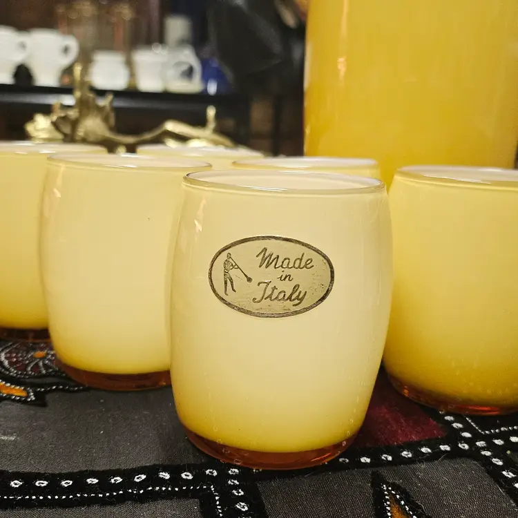 VTG HTF Amber Cased over White BUTTERSCOTCH Empoli Blown Glass Pitcher & 6 Small Glasses w/Sticker