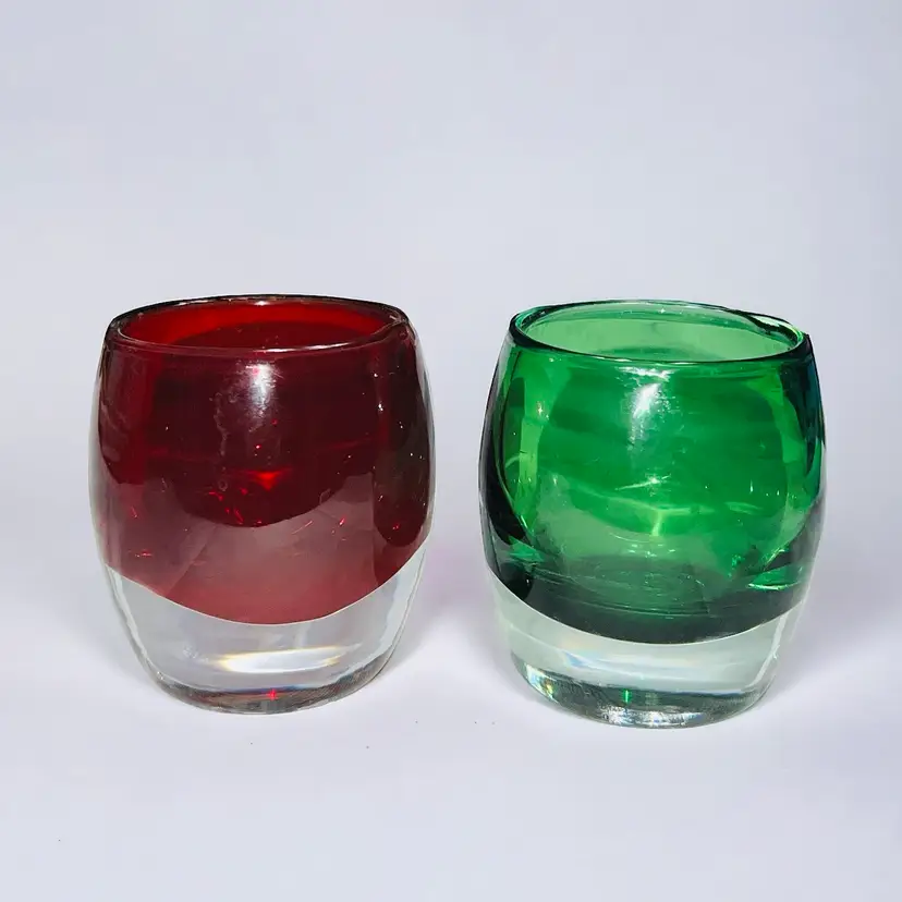 Crate And Barrel Red Ruby & Green Diva Glass Candle Votive Holders Set Of 2 3”