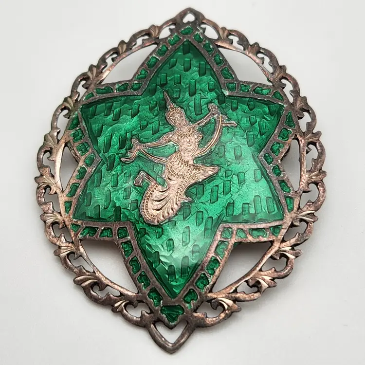 VINTAGE SIAM STERLING SILVER NIELLO DANCER GODDESS 2" OVAL FILIGREE BROOCH PIN