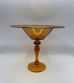 Vintage Amber Glass Pedestal Compote Moser Style w/ Gold Gilt Encrusted Rim 7.7/8”