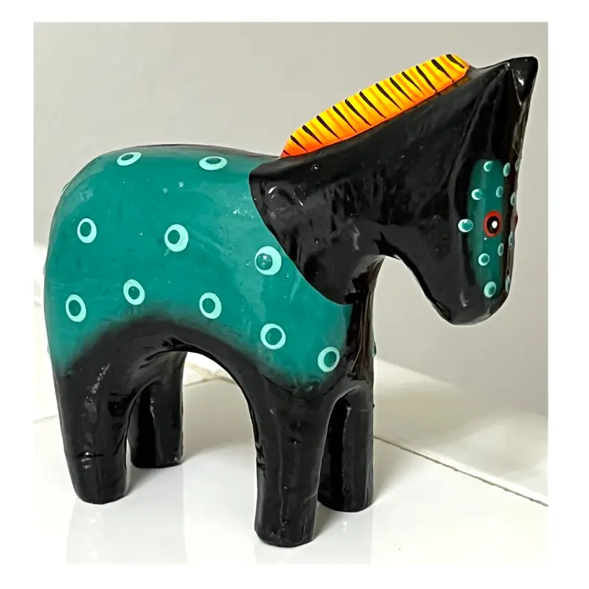 Robert Shields Hand Painted Horse Black Teal Yellow Ceramic Figurine MCM 4.5 in Height