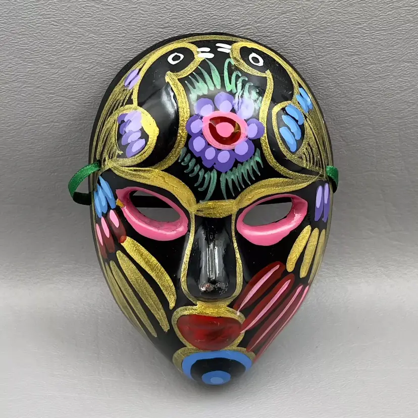 Mexican Folk Art Pottery Small Mask Wall Art 4.5" Black Floral Flowers Mexico Paint Glows