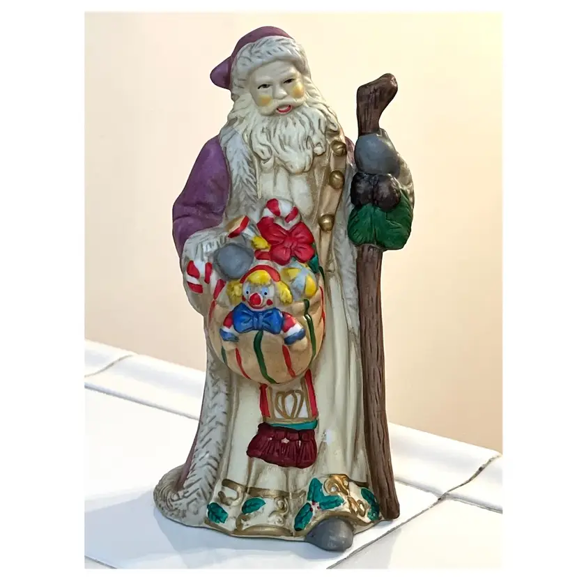 Santa Claus Purple Coat Toys Gift Bag Ceramic Christmas Holiday Decor Figurine 7 in Height