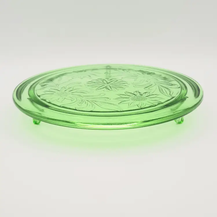 Jeanette Glass Sunflower Cake Plate Green Uranium Glowy Glass