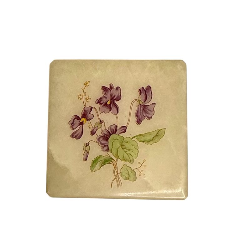 Vintage Alabaster Trinket Box Hinged Lid  Violet Flowers
3-1/2” W x 1-5/8” T