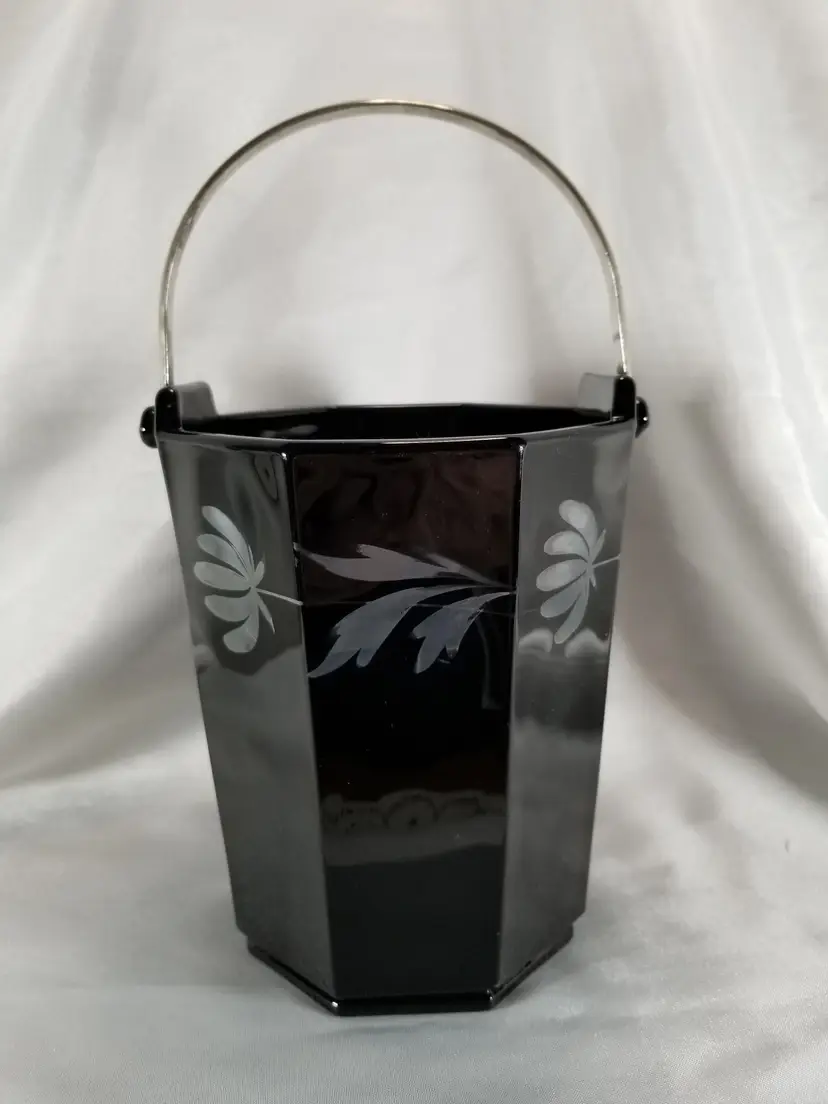 Vintage Depression Black Glass with Silver Overlay Octagon Ice Bucket
