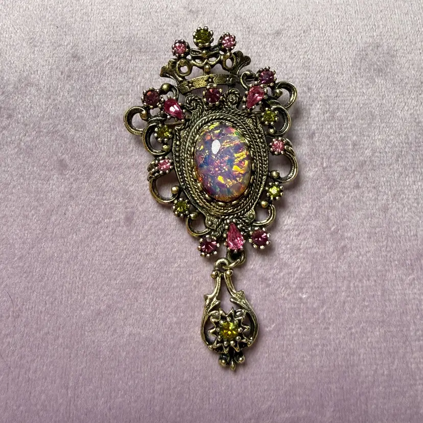 Vintage Sarah Coventry Contessa Crown Fire Opal Brooch Pin Pendant Pink Green