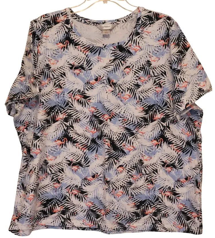 CJ Banks Woman 2X Top Shirt Short Sleeve Flamingos Palms Tropical Pink Blue