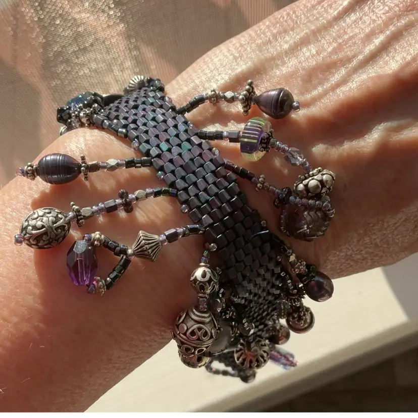 Purple Crystal Bead Double Dangle Bracelet with Button & Bead Toggle Artisan Made 6.5”