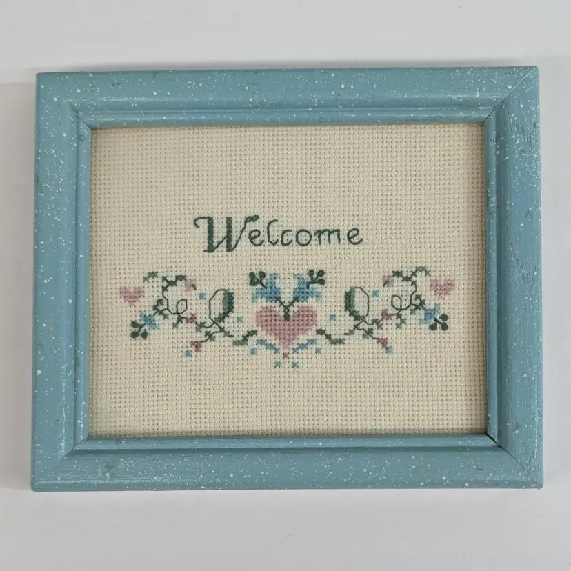 Vintage Welcome Cross Stitch Pink Hearts Blue Flowers & Frame Wall Art 6x5"