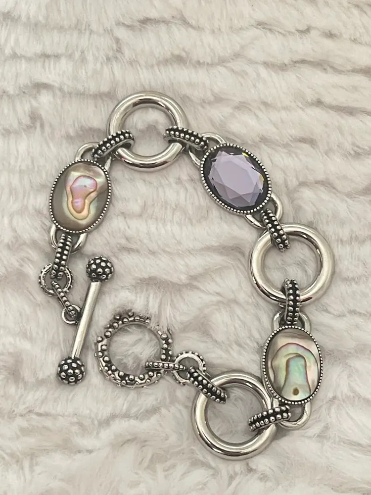Signed Lia Sophia Toggle Bracelet – Abalone & Purple 7.5”