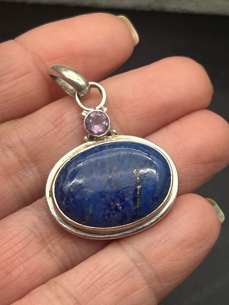 Artisan-Made Sterling Silver 925 Lapis Lazuli & Amethyst Pendant – Oval 1”