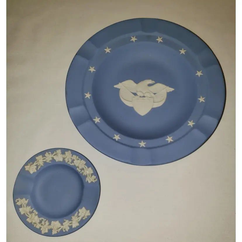 Two (2) Wedgwood Blue Ashtray Trinket Dish Eagle Flags Grape Vine England