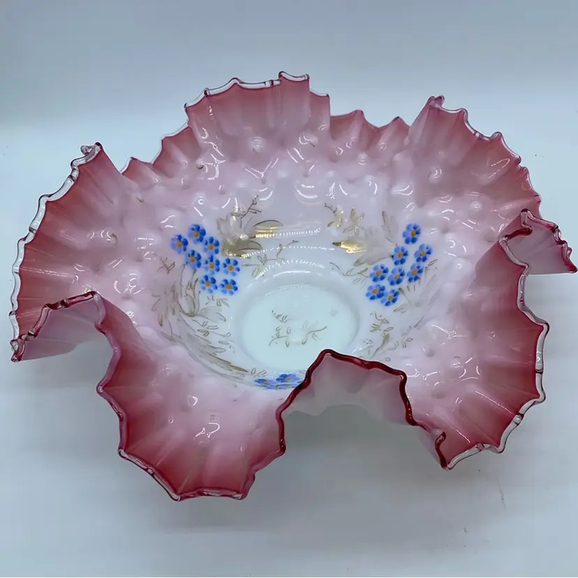 #1218 Victorian pink hobnail art glass bowl with hand-painted floral decoration.