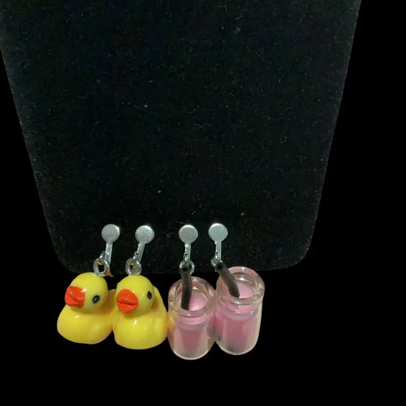 So Cute And Adorable!! Handmade Resin Novelty Clip On Earrings. Cute Rubber Duckie Clip On Dangles 🐥 & Cute Clip On Pink Bubble Tea Dangles🥤Not Signed ( Handmade)