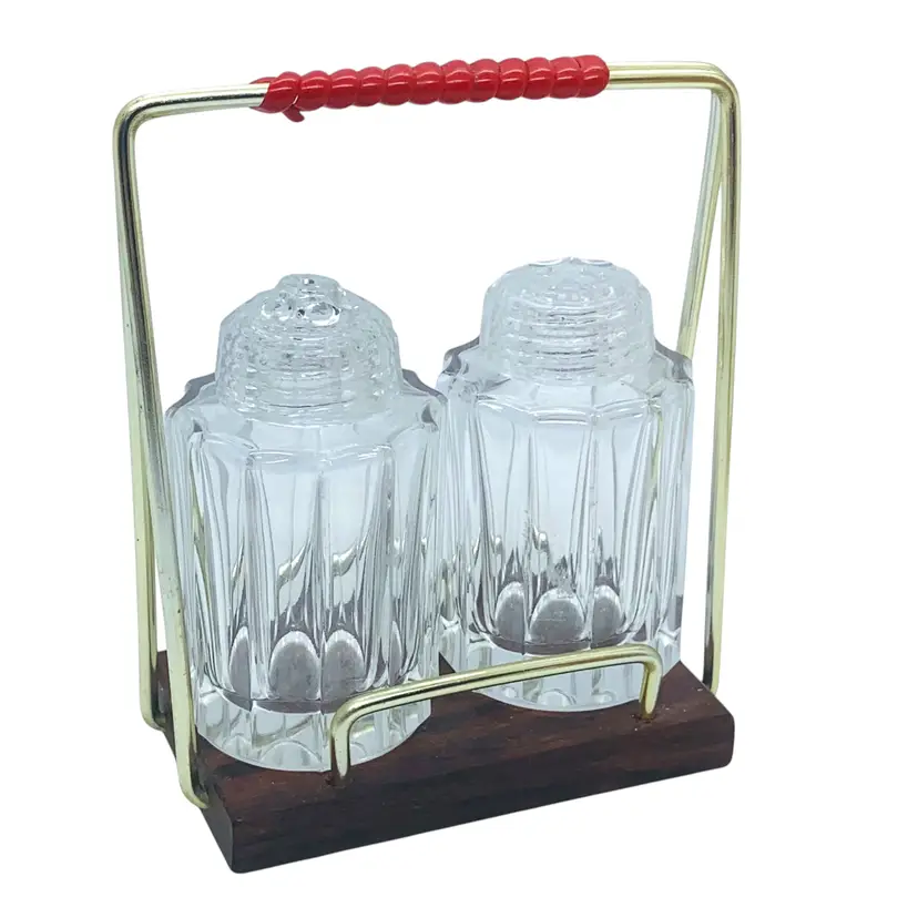 Vintage 1950s Glass Salt and Pepper Shaker Set Wire Caddy Japan Tableware