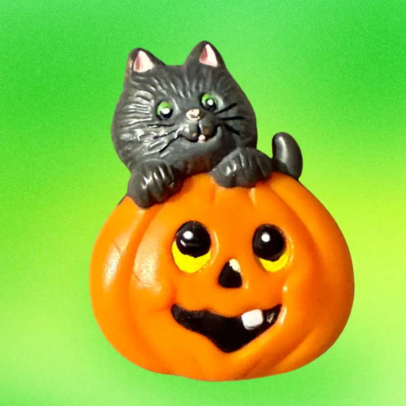 Vintage Russ Halloween Orange Pumpkin Black Cat Jack-O-Lantern Brooch
