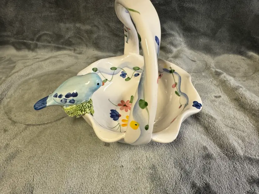 MCM Vintage WCL Farmhouse Ceramic Art Pottery Blue Bird Bowl Basket Fluted Flora