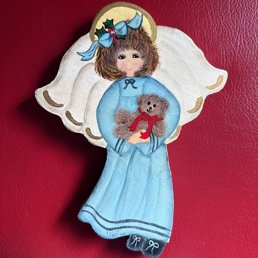Vintage 1996 Hand Painted Wooden Christmas Angel With Teddy Bear Wall Decor Signed “Linda 97”