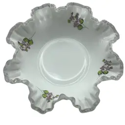 Signed Vintage Fenton “Violets In The Snow” Milk Glass Bowl, 9” Diameter And 3” High