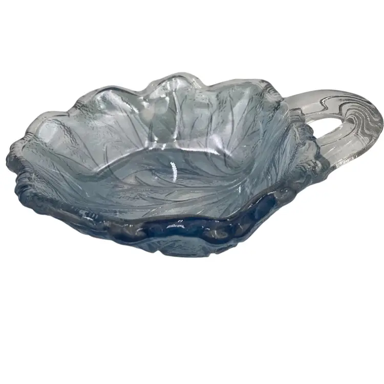 Glass Leaf-Shaped Trinket Dish, Light Blue Tinted, Etched Branches & Textured