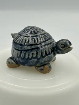 Dark Blue Glazed Studio Pottery Handmade Turtle Figurine
