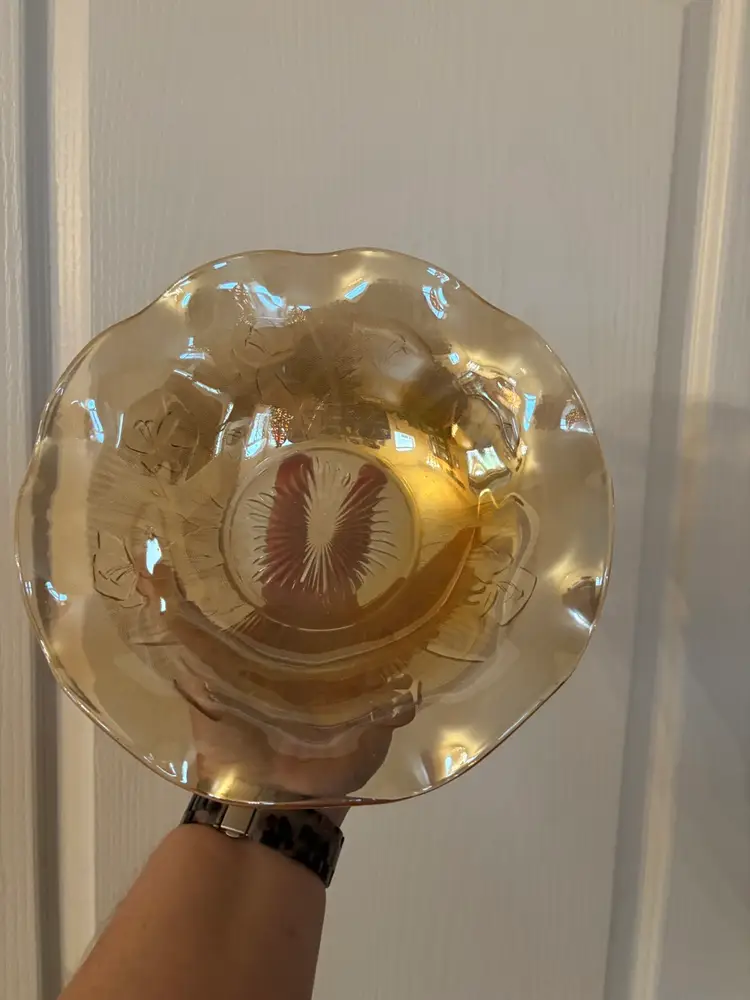 Vintage Jeanette Glass Iris & Herringbone Iridescent Marigold Carnival Glass Ruffled Bowl