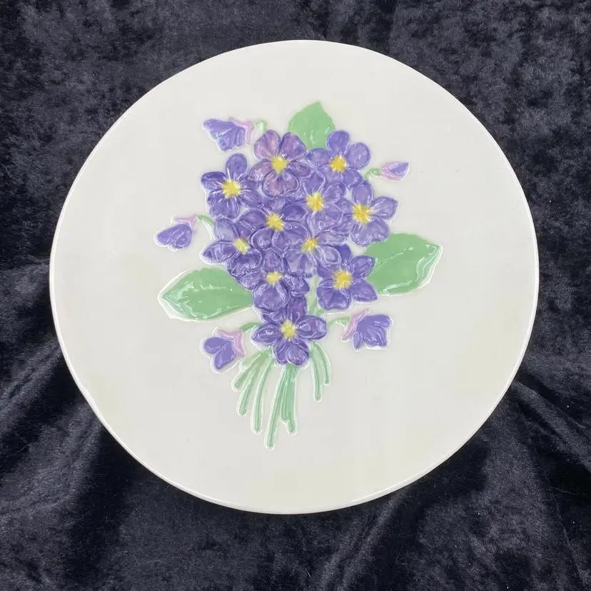 Vintage 7.1" Hand-Painted Plate, Embossed Bouquet of Purple Violets, Signed