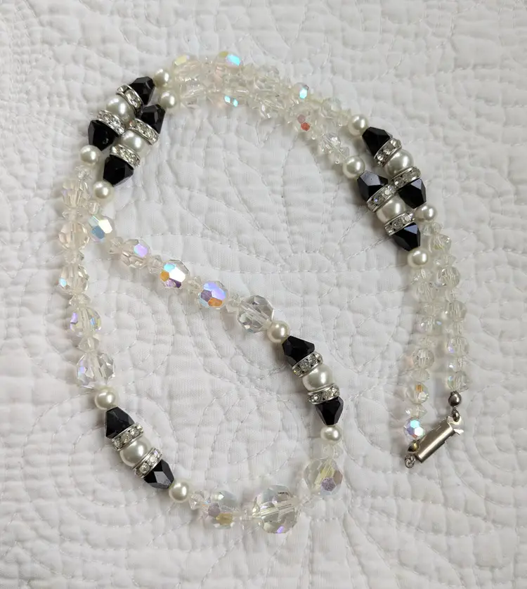 Vintage Art Deco Crystal B
Necklace with Faux Pearls, Black Funnel Beads and Rhinestone Spacers