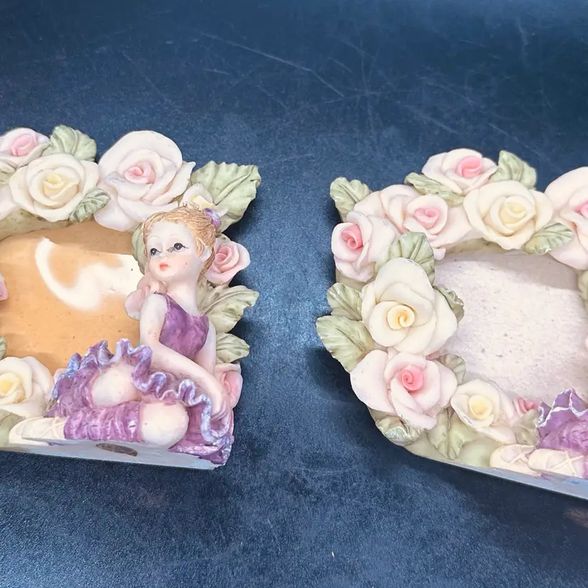 44. A Set of vtg. 1998s porcelain ballerina picture frames adorned with pink roses. Produced by Cosmos gifts