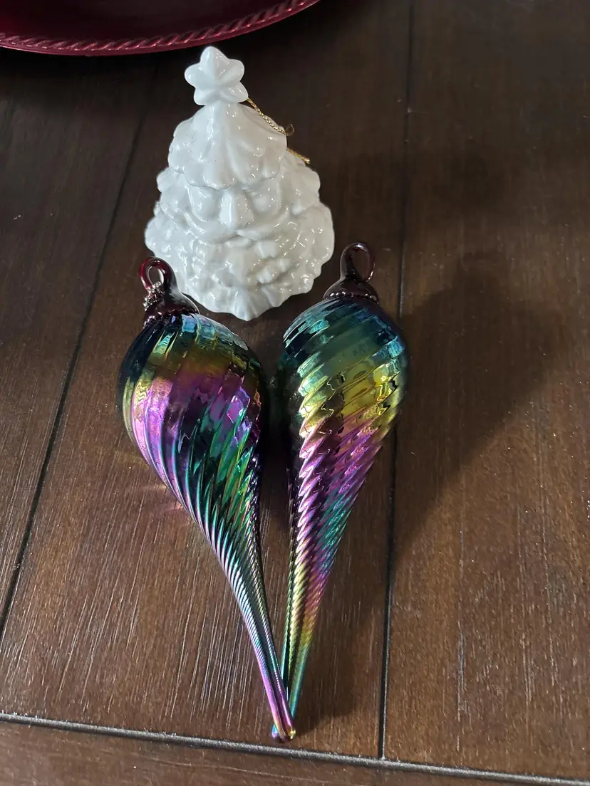 Murano Style Hand Blown Glass Swirl Iridescent Teardrop Ornament-set of 2