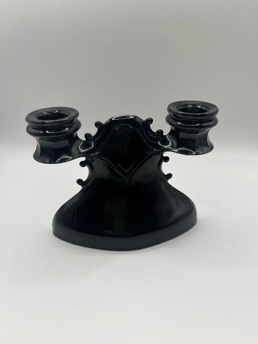 LE Smith Black Glass Art Deco Double Candle Stick Holder Vintage