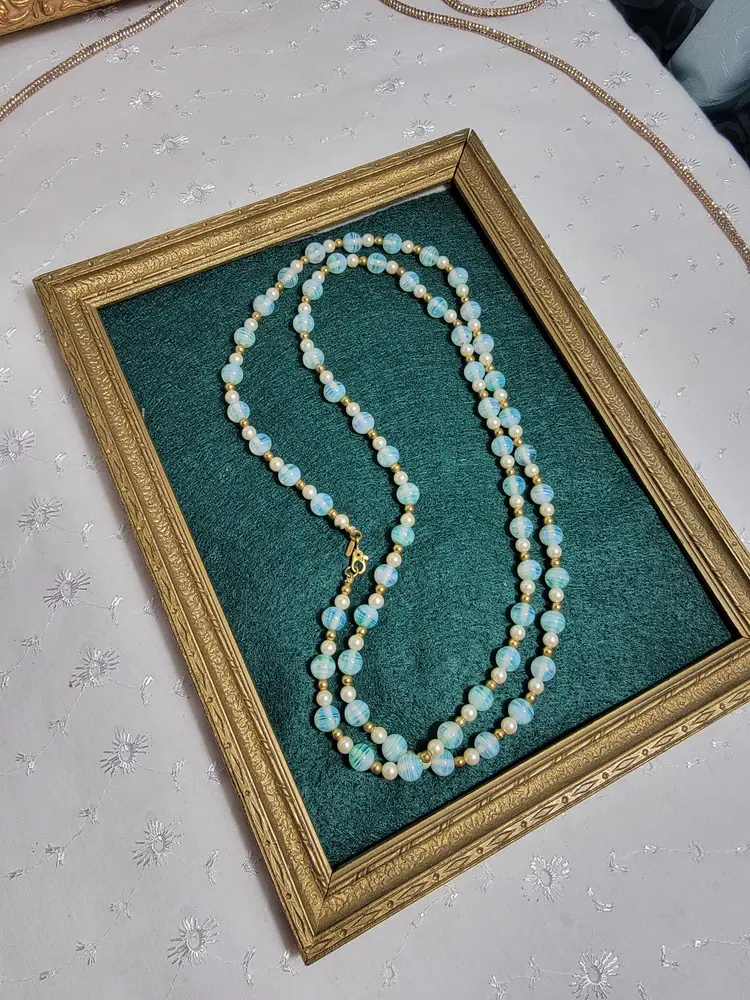 Vintage Monet bluish green beaded necklace with gold and pearl accent beads
